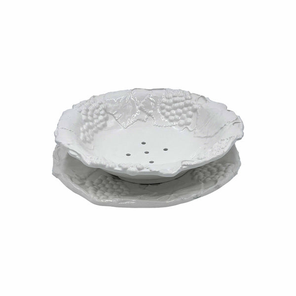 Decorative Solid White Ceramic Colander with Grape Relief