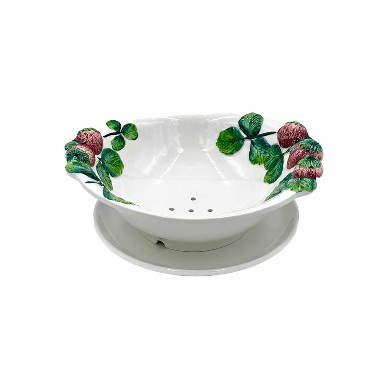 Decorative Ceramic Colander with Strawberry Relief with Solid White Drain Plate